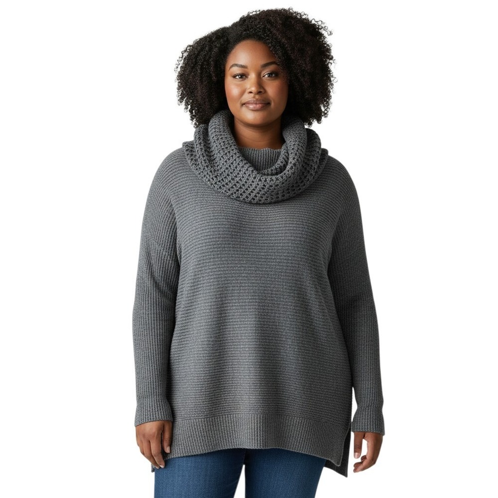 Eileen Fisher Wool Mohair Cowl Neck Sweater Charcoal Grey Ribbed Knit Pullover